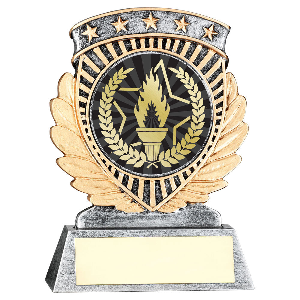 PEW/GOLD 5 STAR HOLDER WITH VINYL VICTORY TORCH INSERT & PLATE - 4.5in