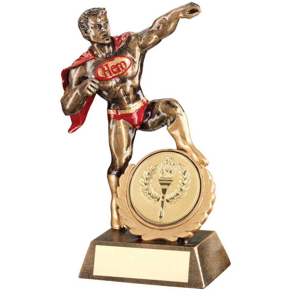 BRZ/GOLD/RED RESIN GENERIC 'HERO' WITH PLATE (2in CENTRE) - 7.25in