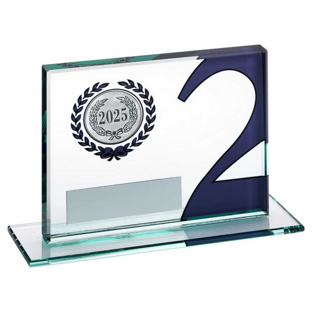 JADE GLASS PLAQUE WITH NUMBER AND PLATE (1in CENTRE) SILVER 2ND - 3.25 x 4in