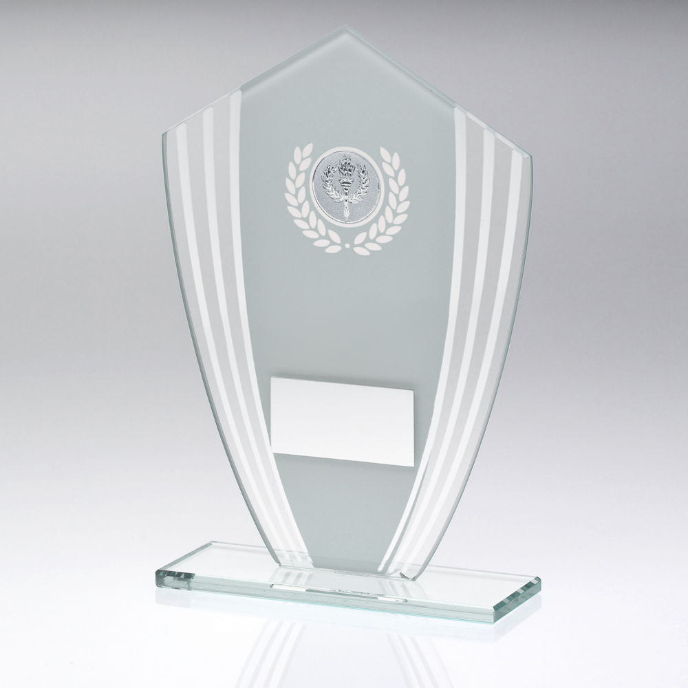WHITE/SILVER GLASS SHIELD PLAQUE WITH PLATE (1in CEN) - 8in