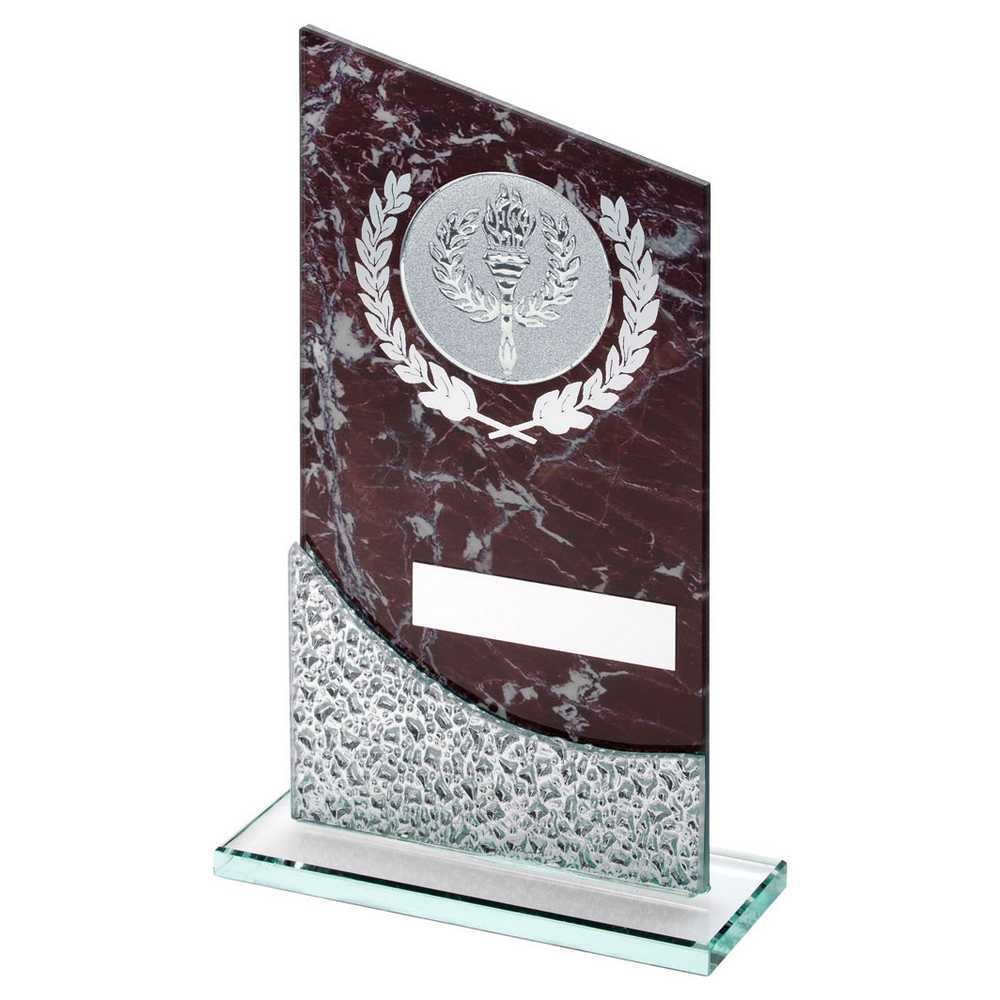 BROWN MARBLE PRINTED GLASS PLAQUE WITH SILV DETAIL WITH PLATE (2in CEN) - 8.25"