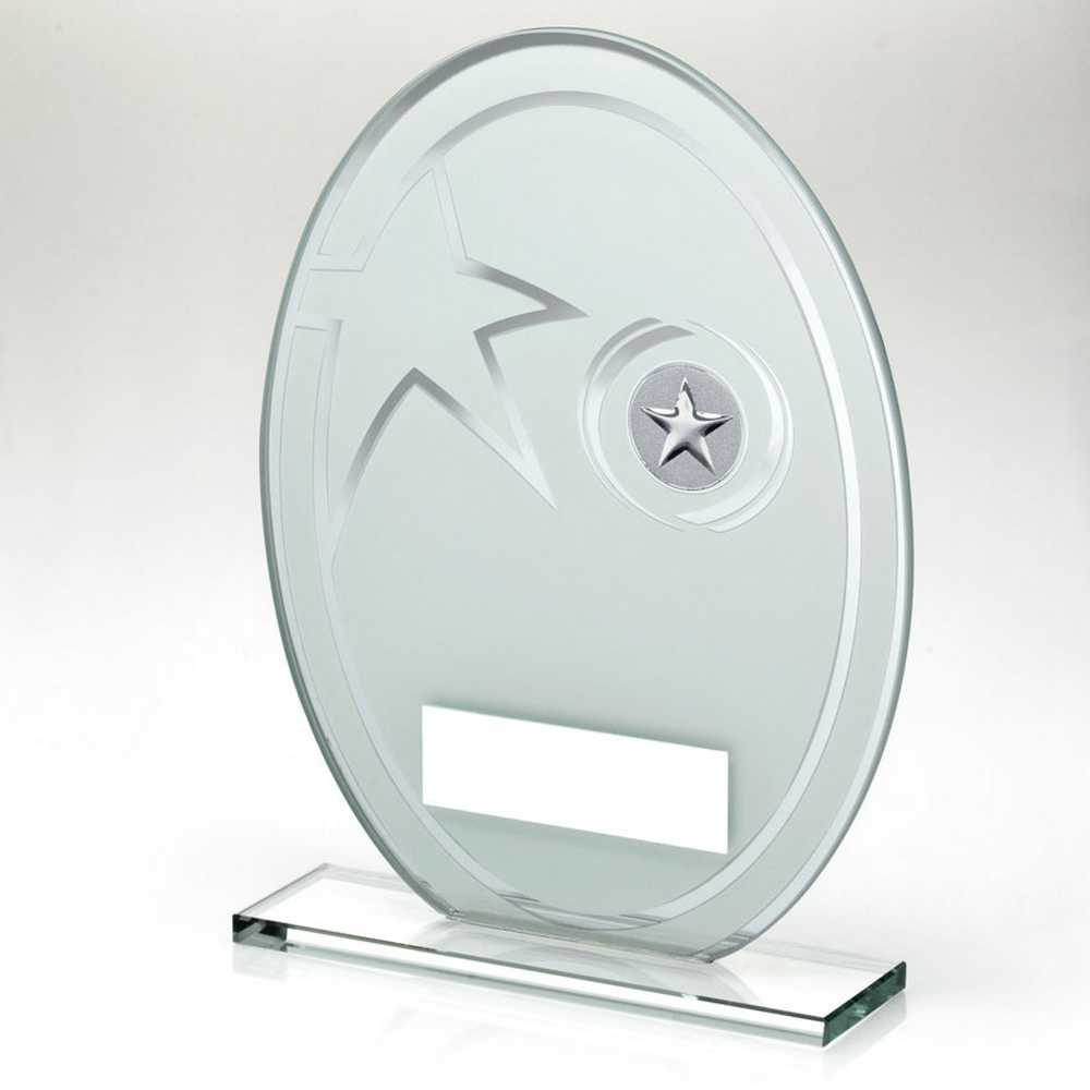 WHITE/SILVER PRINTED GLASS OVAL AND WREATH DESIGN WITH PLATE (1in CEN) - 6.5in