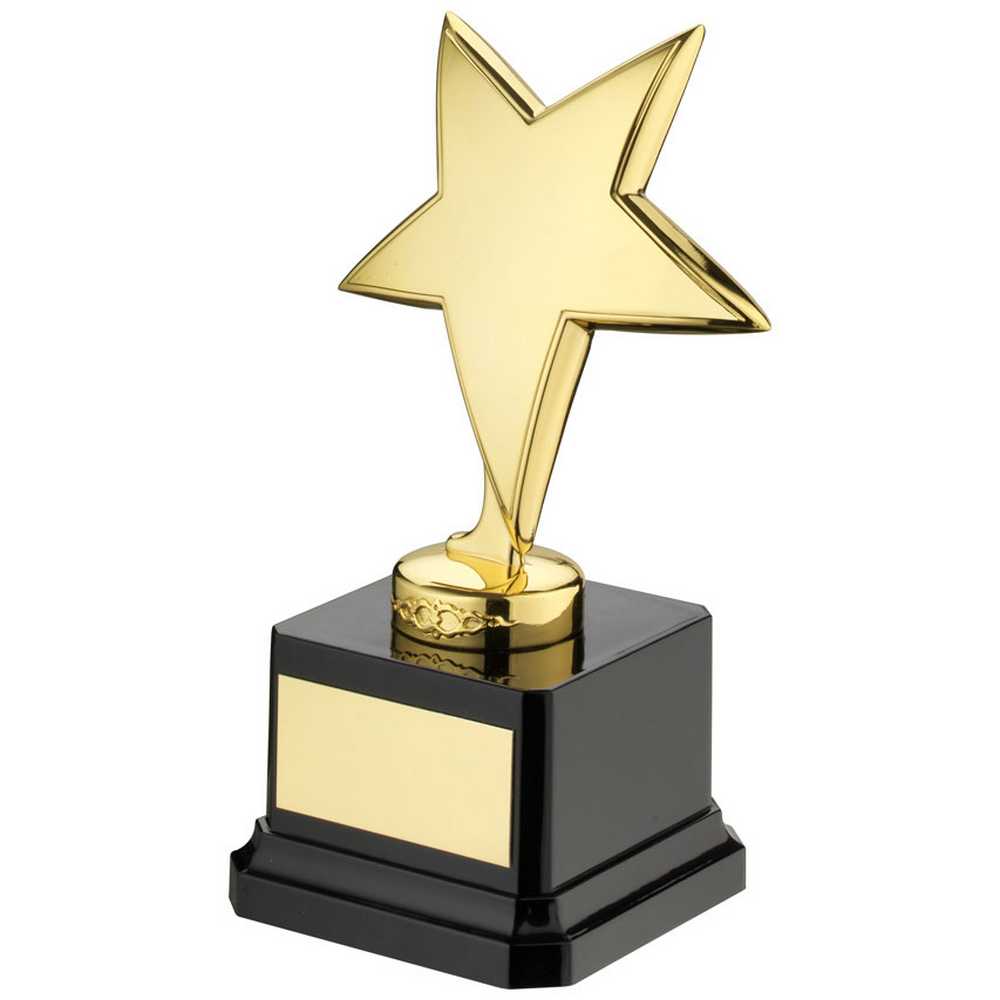 GOLD METAL STAR ON BLACK PLASTIC BASE ASSEMBLED TROPHY - 6in