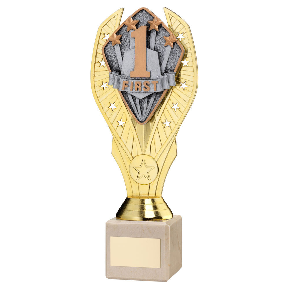 GOLD PLASTIC HOLDER + FIRST DISC ON CREAM MARBLE TROPHY (1in CEN) - 10in