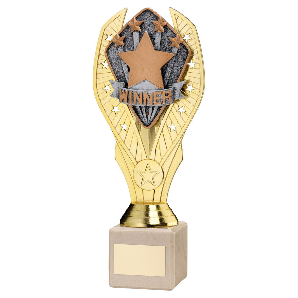 GOLD PLASTIC HOLDER + WINNER DISC ON CREAM MARBLE TROPHY (1in CEN) - 10in