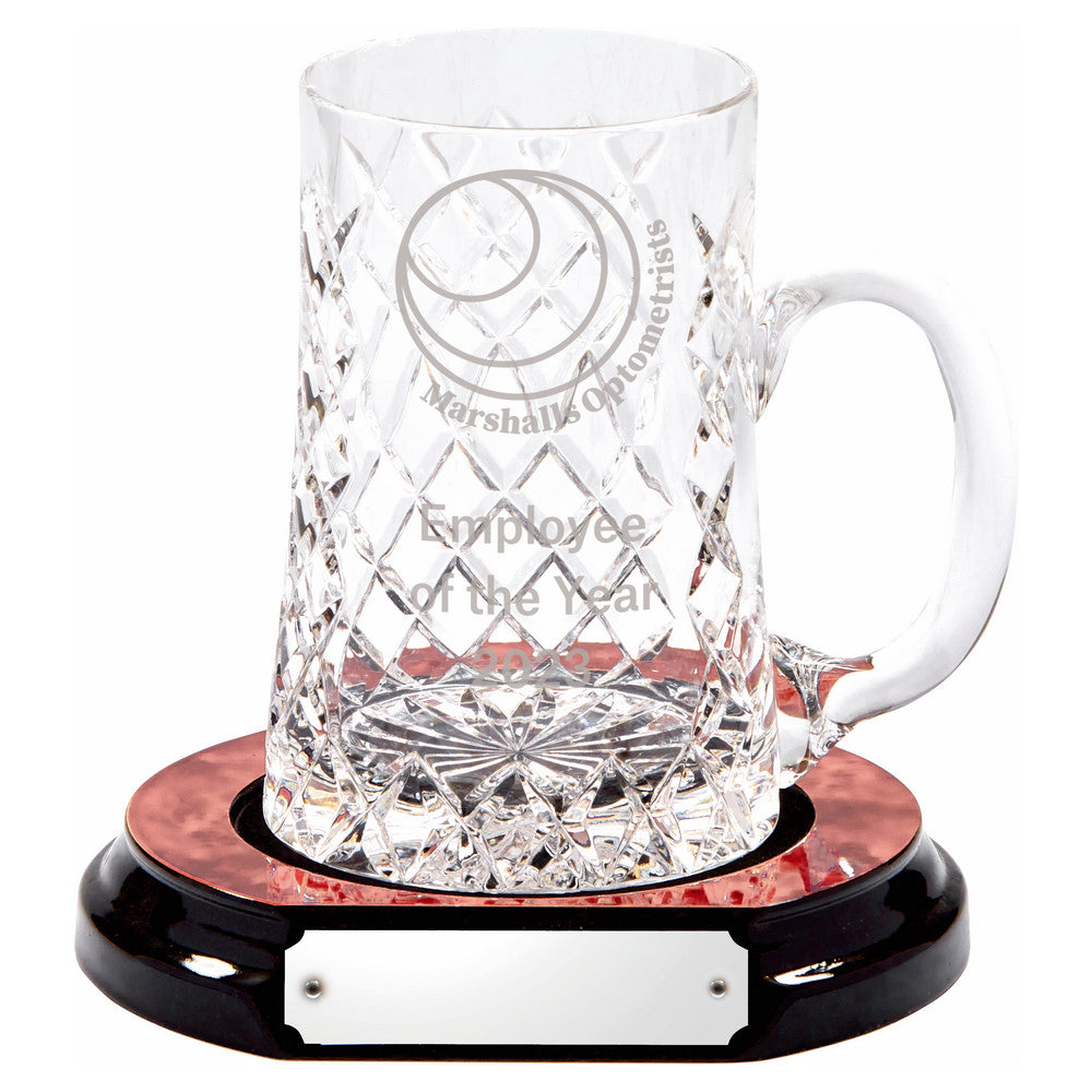 24% Lead Crystal 1 PT Tankard with Panel on Wood Base 160mm