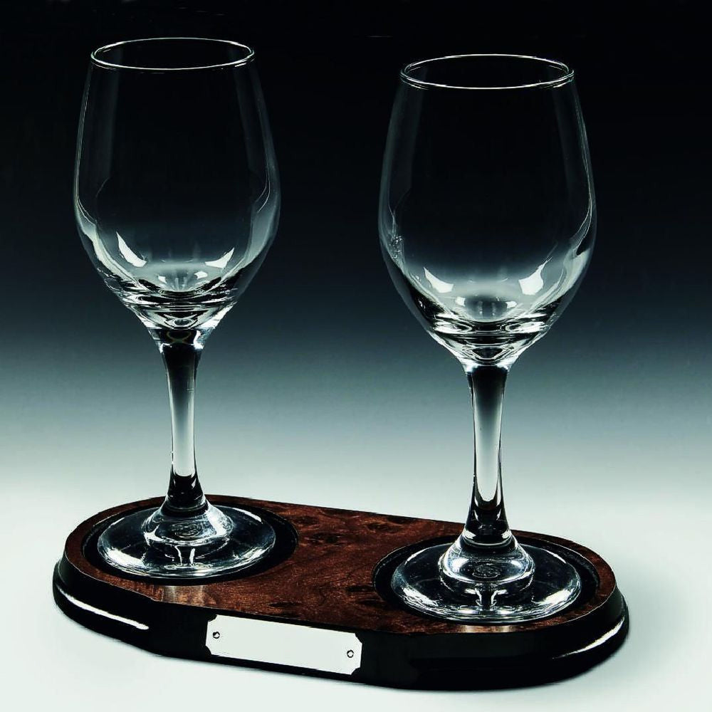 Two Wine Glasses on Wood Stand 220mm