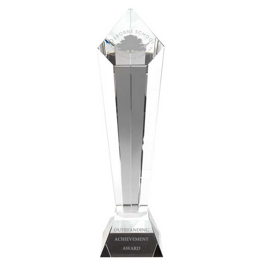 CLEAR GLASS PENTAGON COLUMN ON BASE - 13.75in