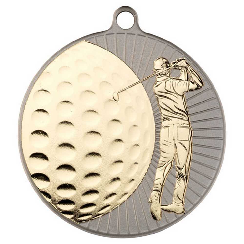 GOLF TWO COLOUR MEDAL MATT SILVER/GOLD - 2.75in