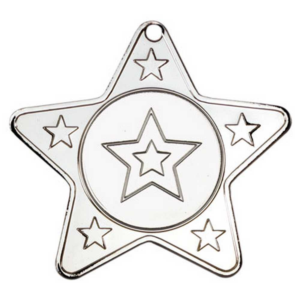 STAR SHAPED MEDAL WITH 5 MINI STARS (1in CENTRE) SILVER - 2in