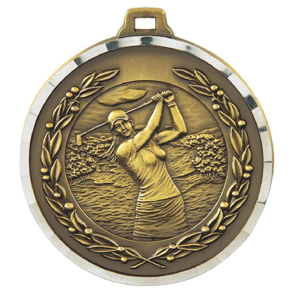50mm Diamond Edged Female Golf Medal (Gold) 50mm