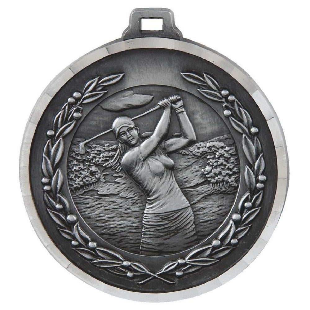 50mm Diamond Edged Female Golf Medal (Silver) 50mm