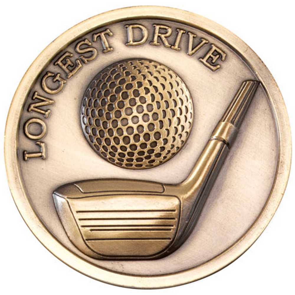 GOLF MEDALLION ANTIQUE GOLD LONGEST DRIVE - 2.75in