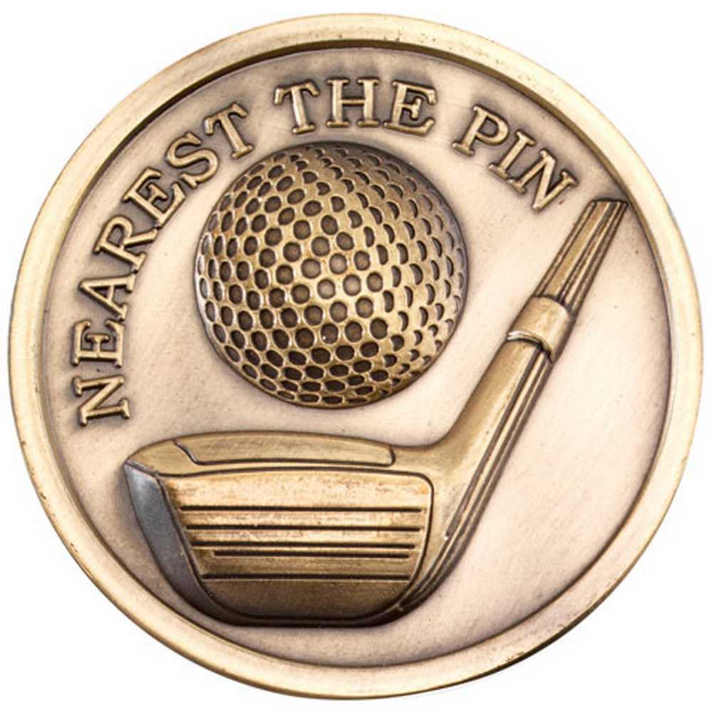 GOLF MEDALLION ANTIQUE GOLD NEAREST THE PIN - 2.75in