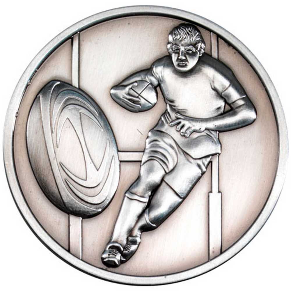 RUGBY MEDALLION ANTIQUE SILVER - 2.75in