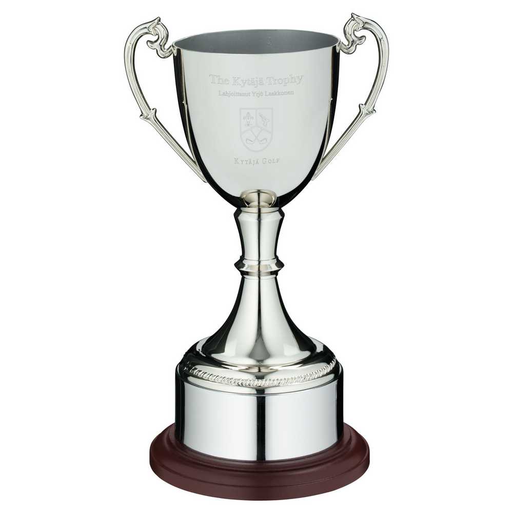 NICKEL PLATED CUP ON ROUND PLINTH WITH BAND - 11.75in