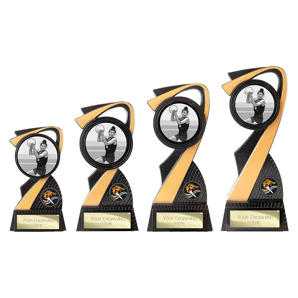 Mania Tower Netball Award Carbon Black & Gold 155mm