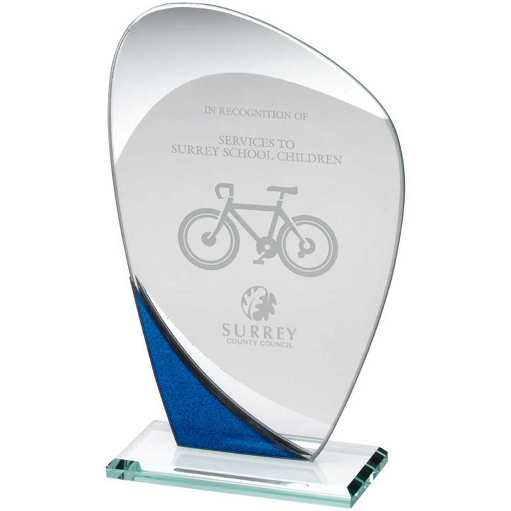 JADE GLASS CURVED PLAQUE WITH BLUE/SILVER DETAIL (4mm THICK) - 7.25in
