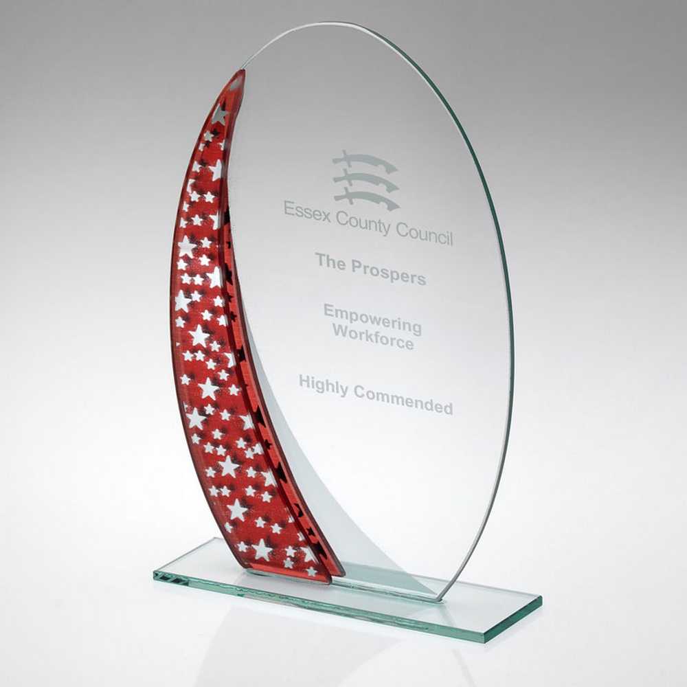 JADE GLASS OVAL PLAQUE WITH RED/SILVER STAR DESIGN (4mm THICK) - 6.5in