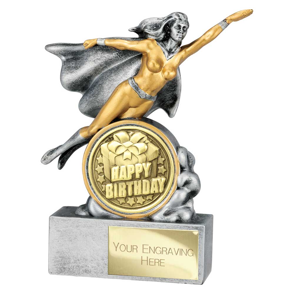 Hero Female Happy Birthday Award Antique Silver 140mm