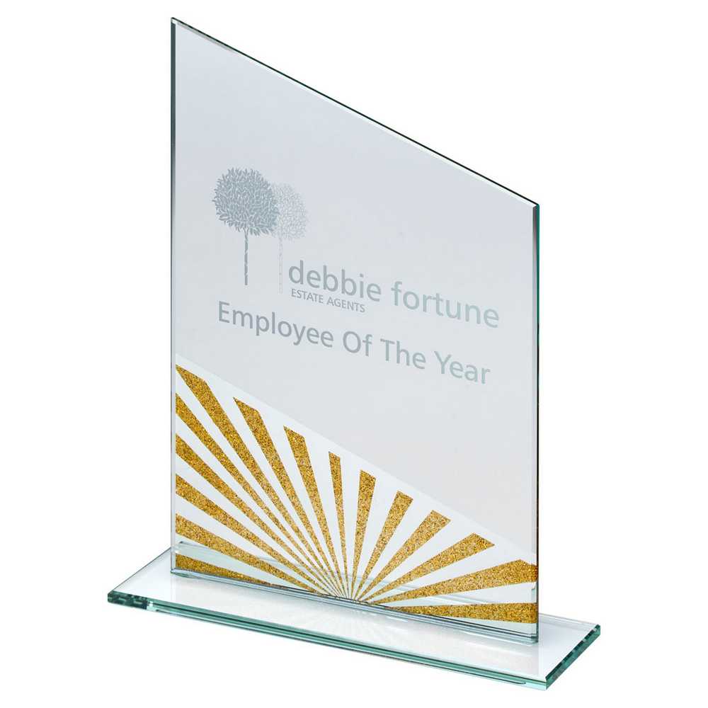 JADE GLASS ANGLED PLAQUE WITH GOLD/SILVER GLITTER DETAIL (4mm THICK) - 6.5in