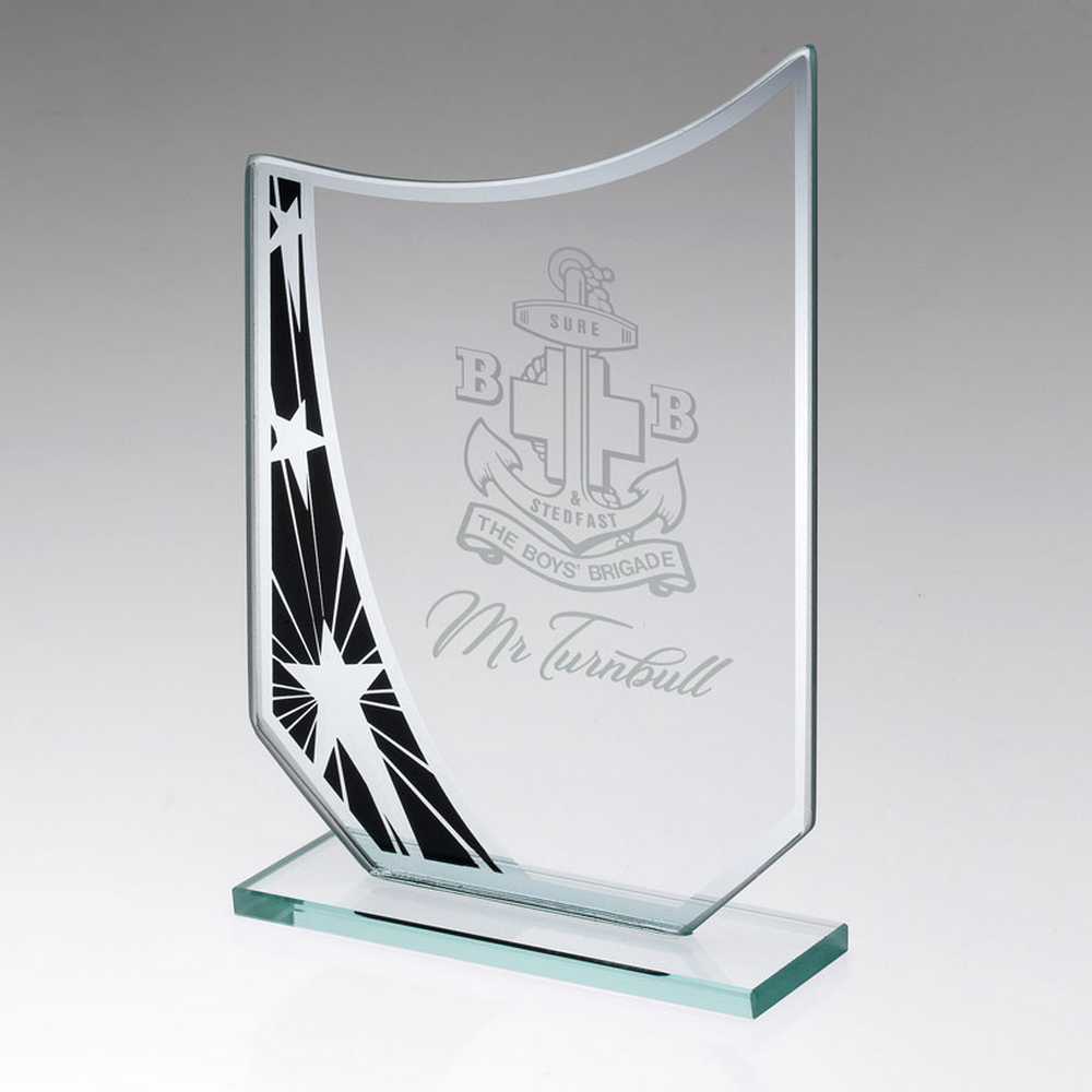 JADE GLASS CURVED PLAQUE WITH BLACK/SILVER STAR DESIGN (4mm THICK) - 6.5in