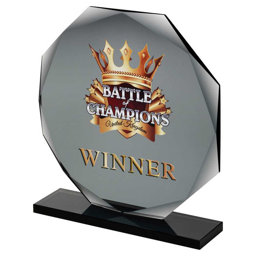 SMOKED BLACK GLASS OCTAGON PLAQUE (10mm THICK) - 8.75in