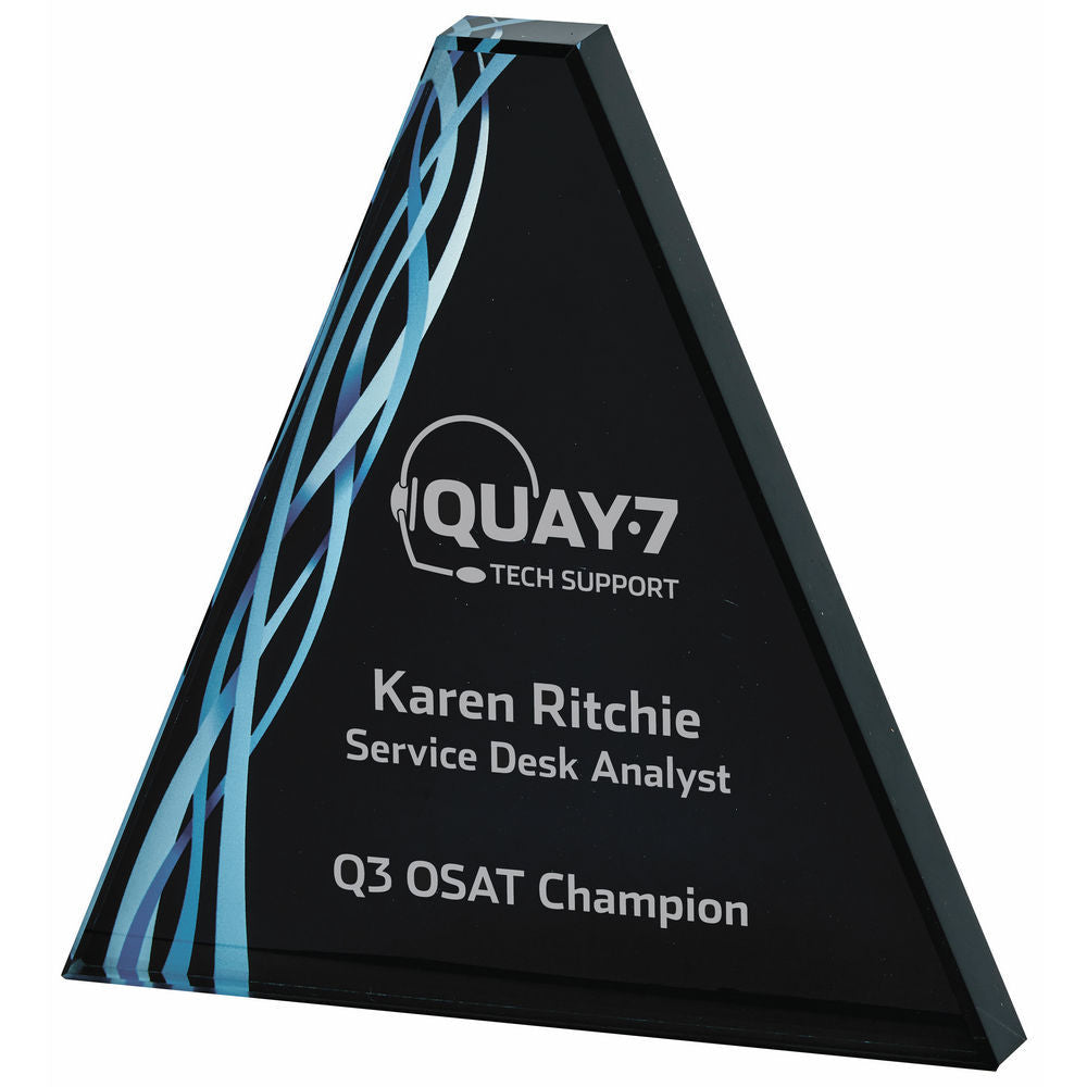 Triangular Blue Glass Award - Black Background 160mm