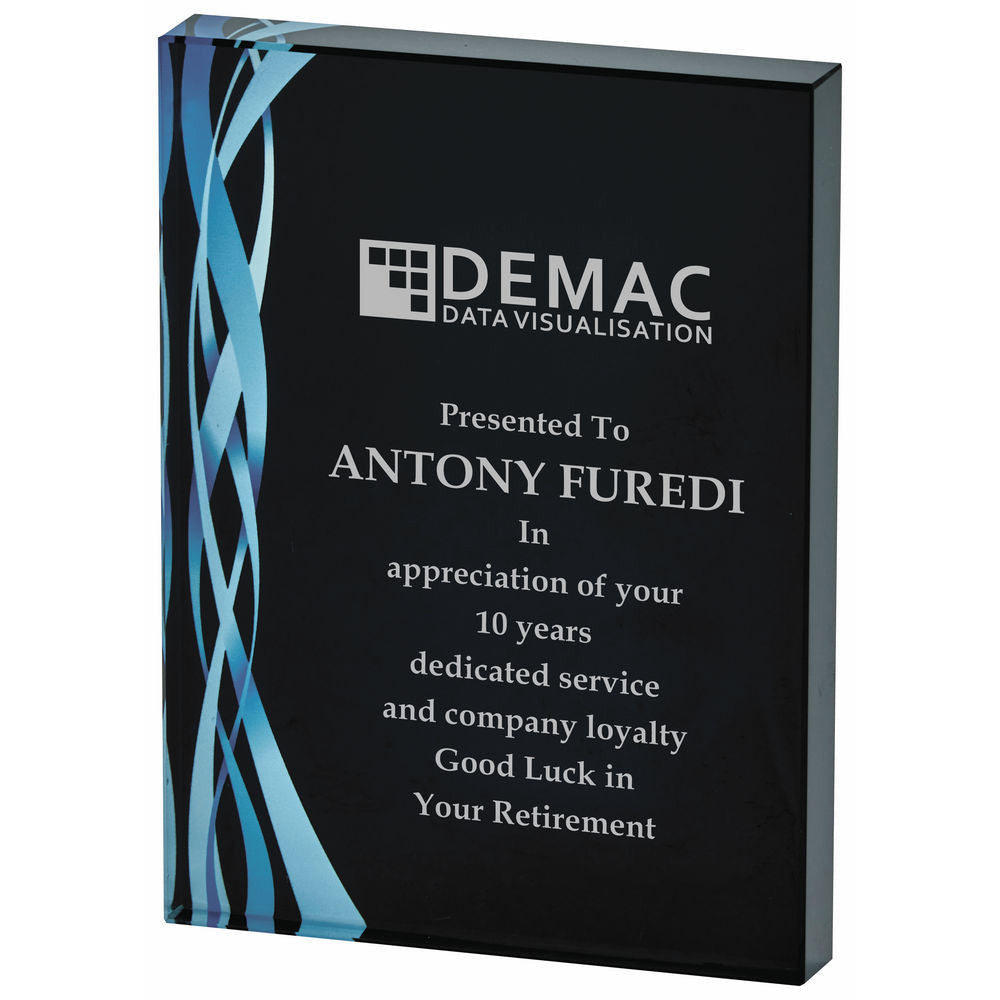 Rectangular Blue Glass Award - Black Background 160mm
