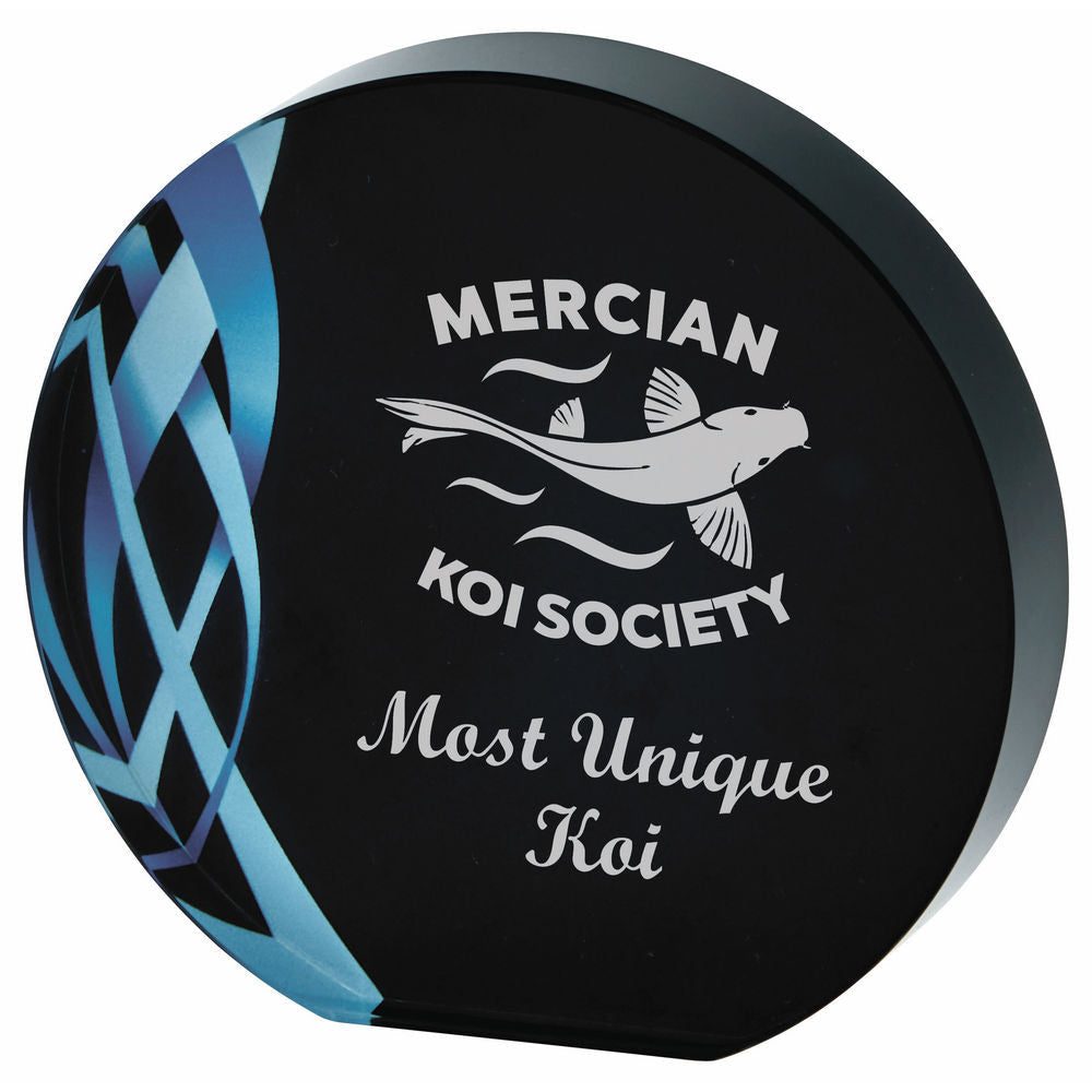 Circular Blue Glass Award - Black Background 110mm