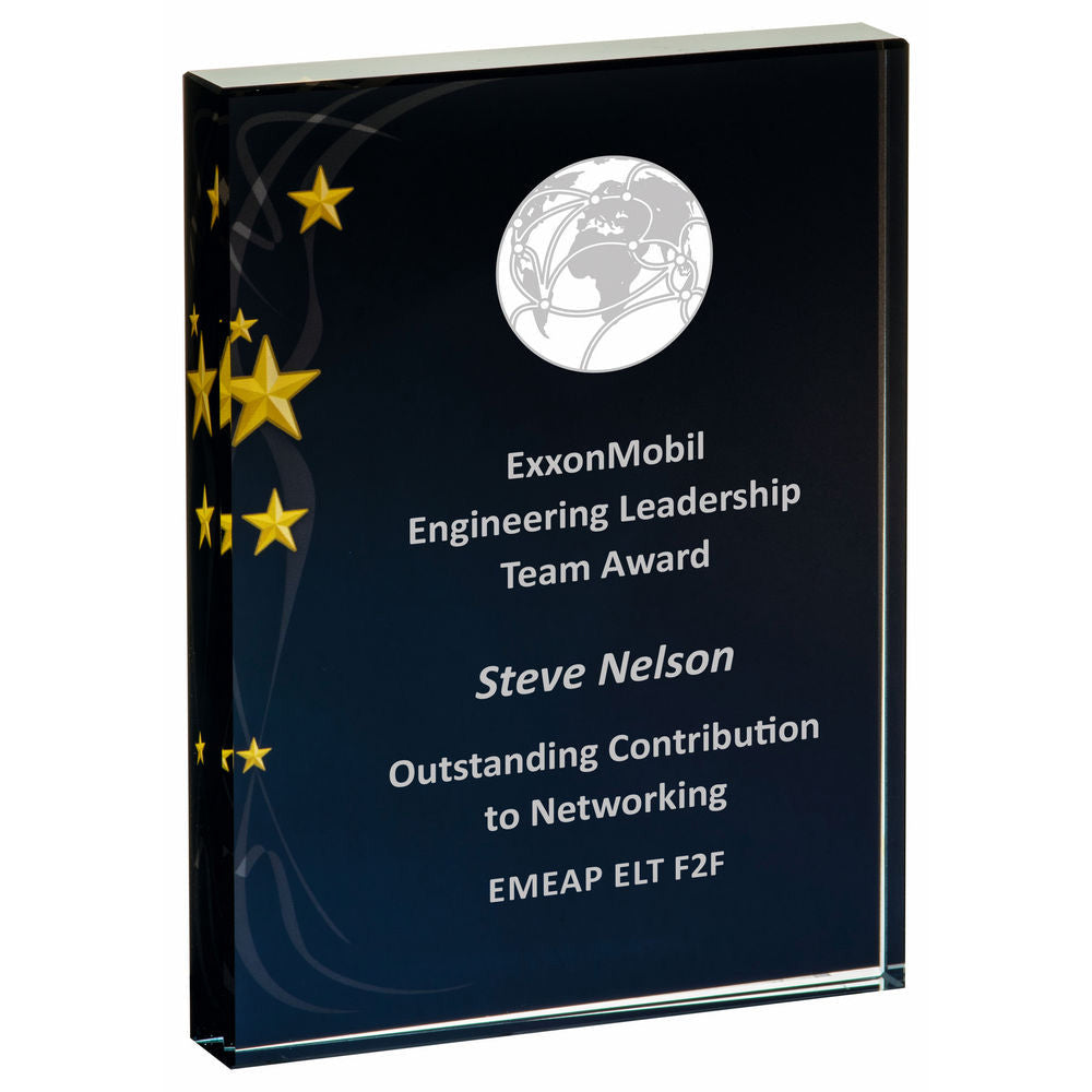 Rectangular Glass Award - Black Background with Gold Stars 200mm
