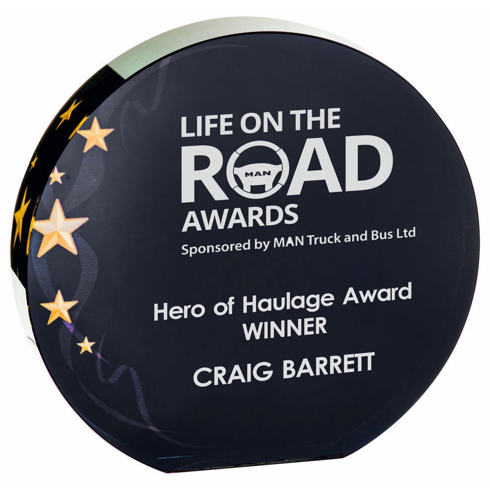 Circlular Glass Award - Black Background with Gold Stars 135mm