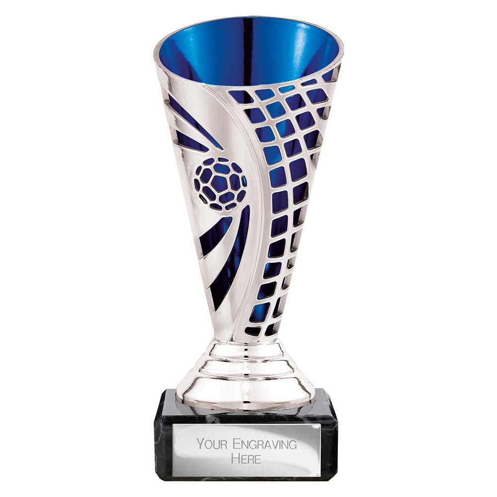 Defender Football Trophy Cup Silver & Blue 140mm
