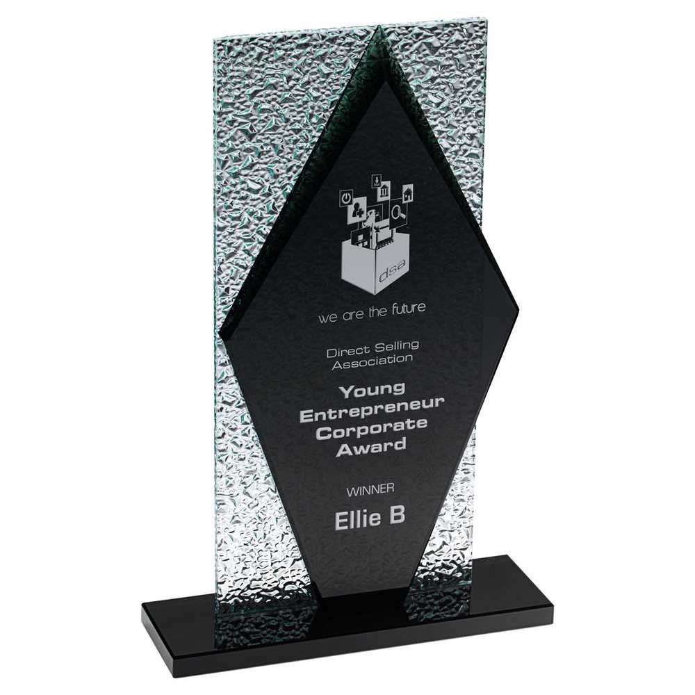 BLACK GLASS DIAMOND AND BASE WITH CLEAR FROSTED BACKDROP - 10.5in