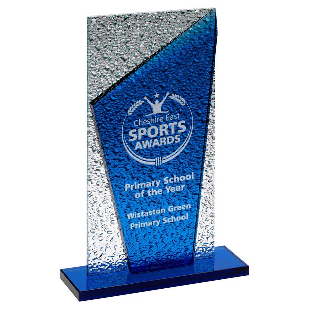 BLUE GLASS PLAQUE AND BASE WITH CLEAR FROSTED BACKDROP - 10.5in